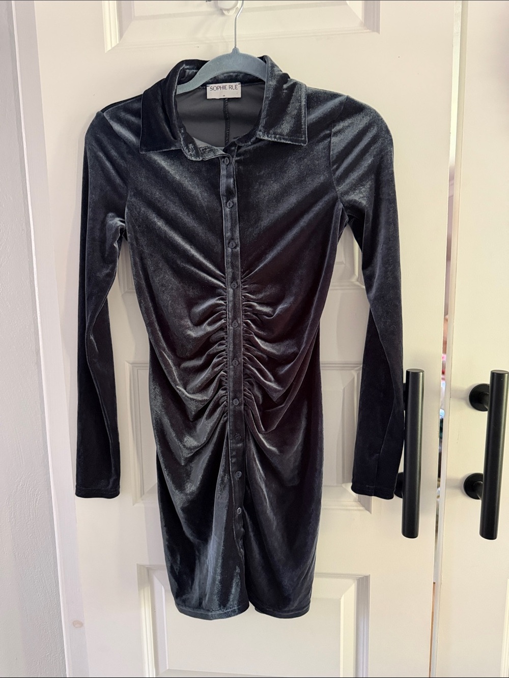Sophie Rue deep Navy Velvet Ruched Button-Front Dress - Picture 2 of 5